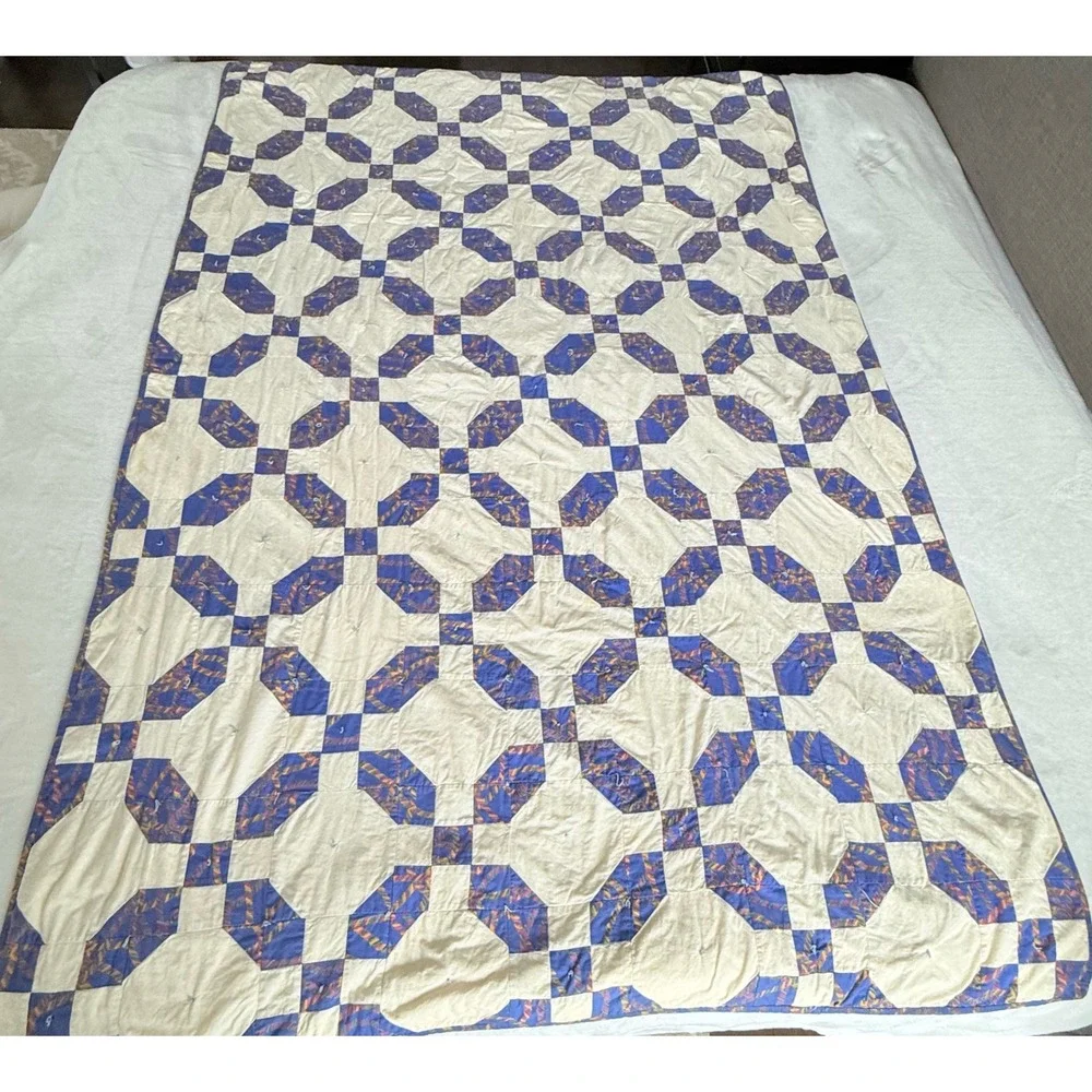 VTG Handmade Patchwork Quilt Throw Twin Purple Cream Tied Cottagecore 1990